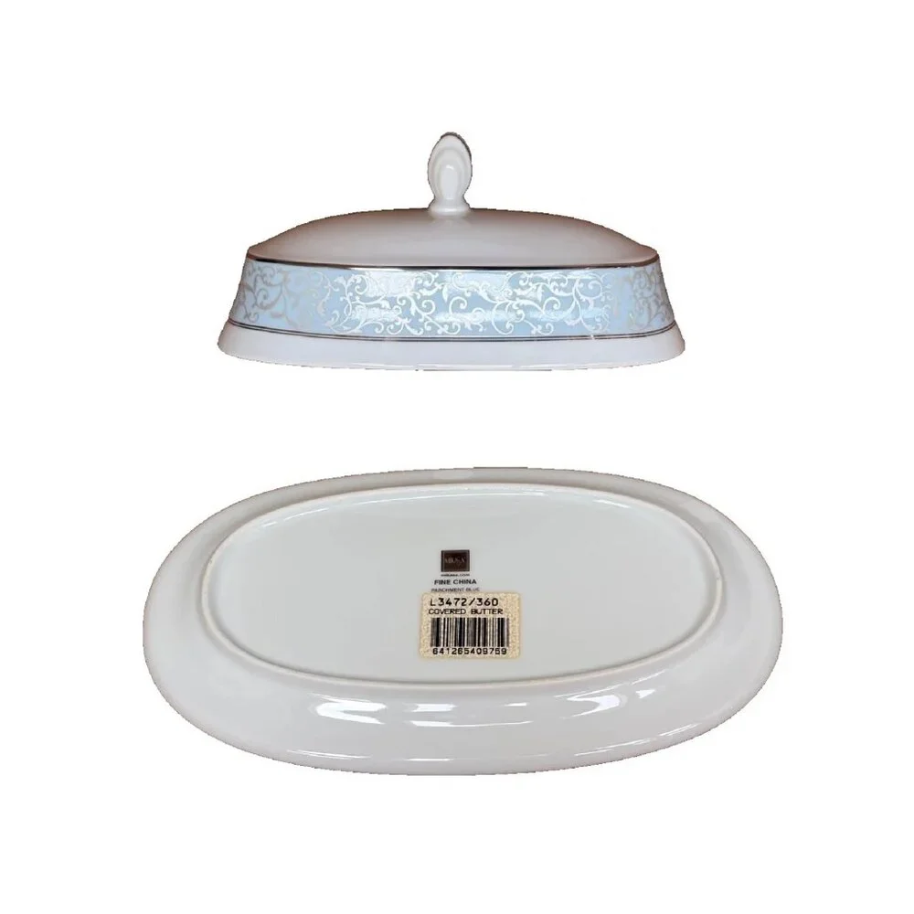 brand new w/ tags Mikasa PARCHMENT BLUE Covered Butter Dish w/ Platinum Scrolls